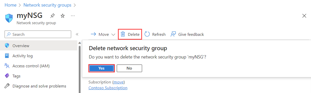 Captura de tela da exclusão de um grupo de segurança de rede no portal do Azure.