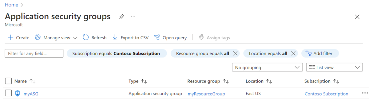 Captura de tela dos grupos de segurança de aplicativos existentes no portal do Azure.