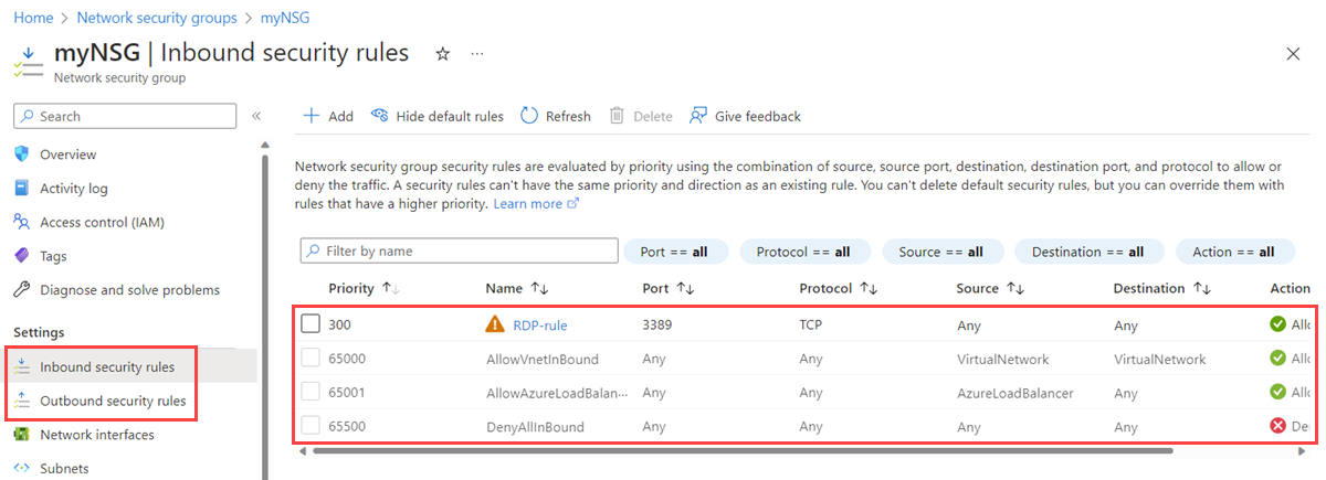 Captura de tela das regras de segurança de entrada de um grupo de segurança de rede no portal do Azure.