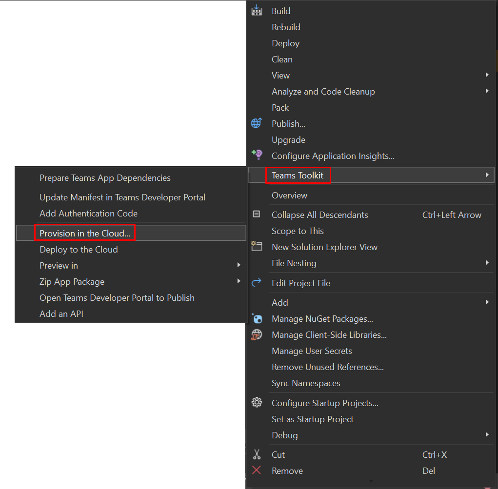 Captura de ecrã a mostrar a opção Aprovisionar na Cloud em Toolkit de Agentes no Visual Studio.
