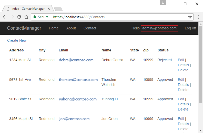 Captura de tela mostrando o usuário 'admin@contoso.com' conectado ao aplicativo Web com visibilidade dos recursos de administração.