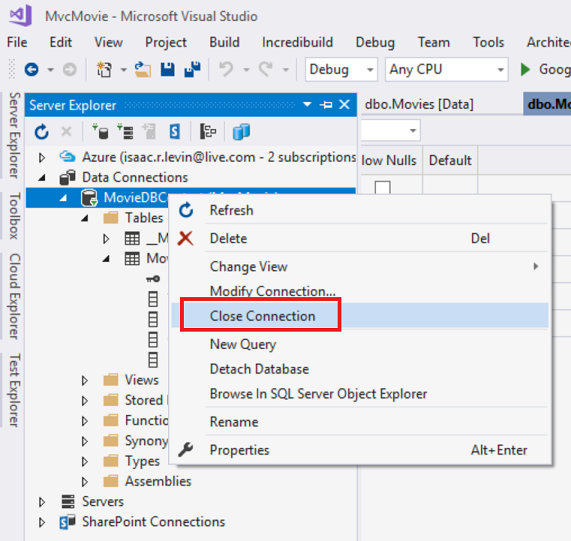 Captura de tela que mostra a janela do Server Explorer. O menu de clique direito do Movie DB Context está aberto. Fechar Conexão está selecionado e circulado em vermelho.