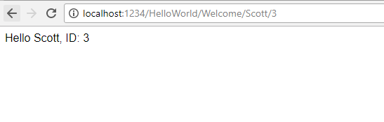 Captura de tela que mostra uma janela do navegador com a URL localhost:1234/Hello World/Welcome/Scott/3. O texto na janela é Hello Scott ID 3.