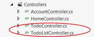 Captura de tela que mostra a pasta Controladores aberta. Os arquivos ToDoController.cs e ToDoListController.cs estão ambos circulados em vermelho.