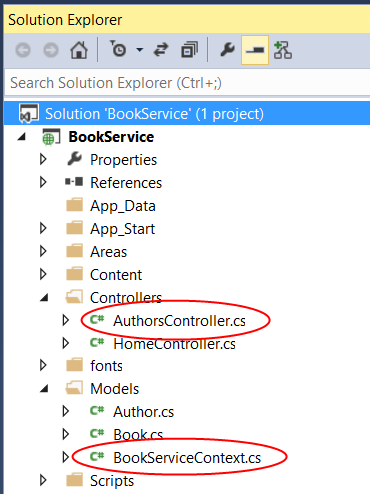 Captura de tela da janela Solution Explorer com o arquivo Authors Controller dot c s e o arquivo Book Service Context dot c s circulados em vermelho.