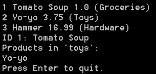 Captura de tela da janela do console mostrando uma lista de saída de produtos associados a ID e categorias.