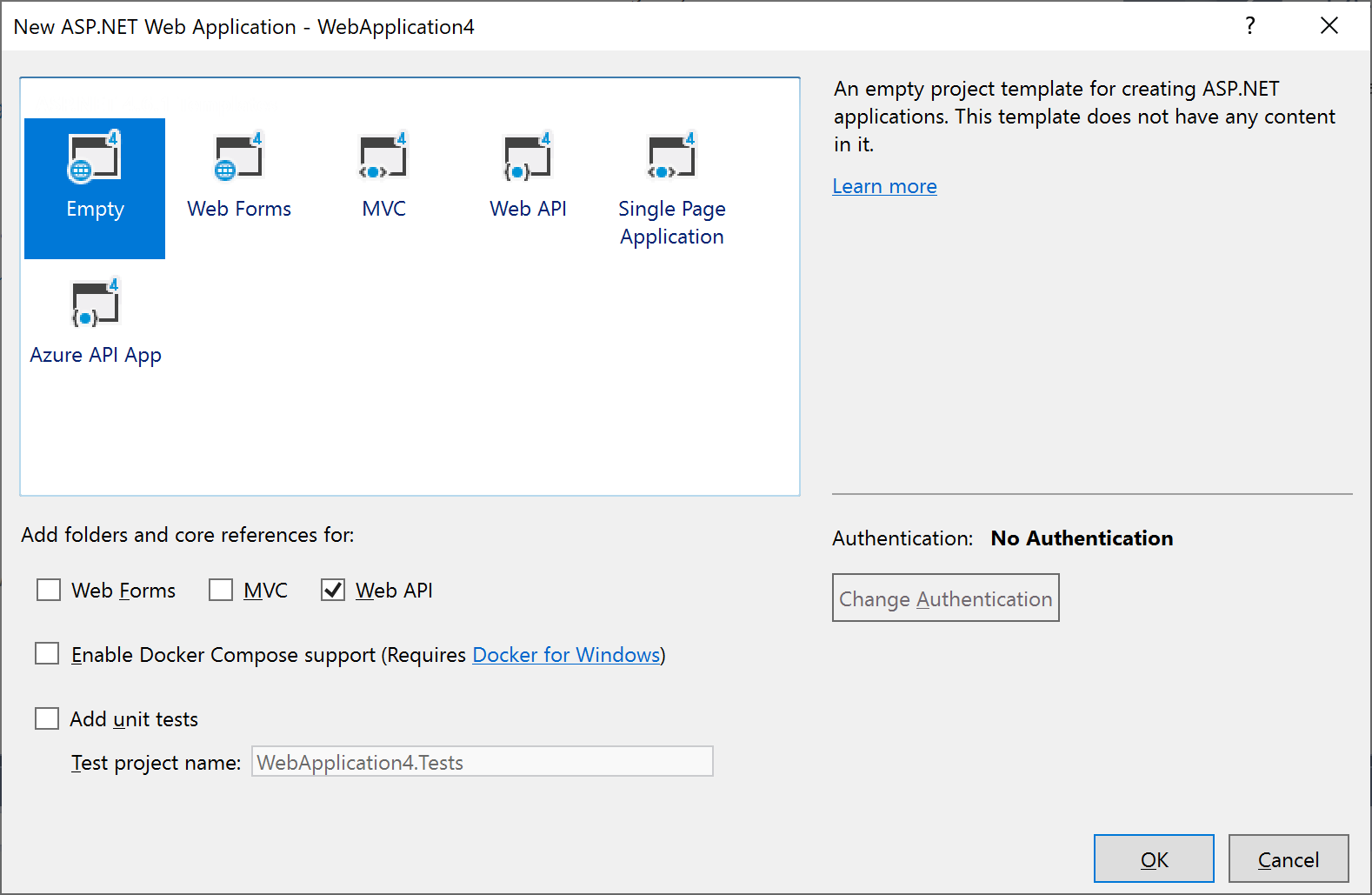 Nova caixa de diálogo de projeto ASP.NET no Visual Studio