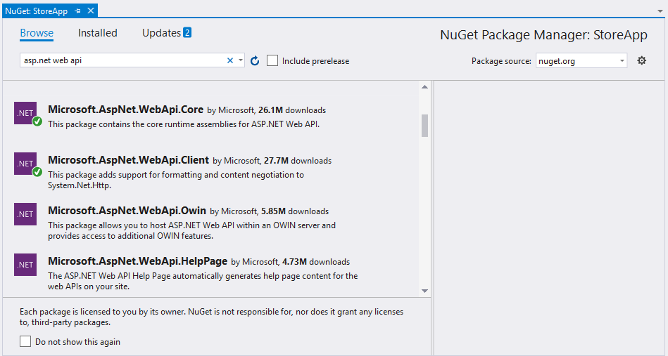 instalar o pacote principal da API Web