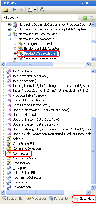 Double-Click a propriedade Connection na exibição de Classe para visualizar seu código gerado automaticamente