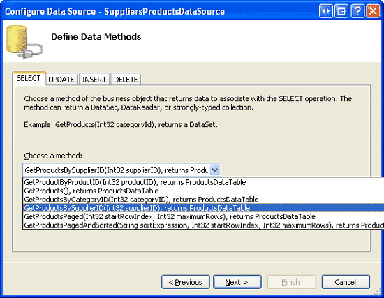 Configurar a fonte de dados para usar a classe ProductsBLL e o método GetProductsBySupplierID(supplierID)