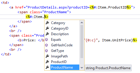 Exibir Itens de Dados e Detalhes – IntelliSense