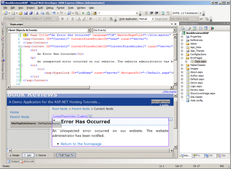Captura de tela que mostra a página de erros personalizada e a mensagem associada.