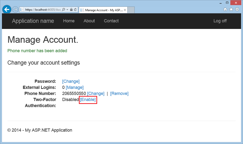 Captura de tela da janela Gerenciar Navegador da Conta mostrando o link Habilitar associado à Autenticação de Two-Factor realçado em vermelho.