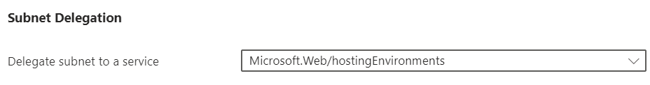 Captura de tela mostrando a delegação de&nbsp;sub-rede para Microsoft.Web/hostingEnvironments no portal.