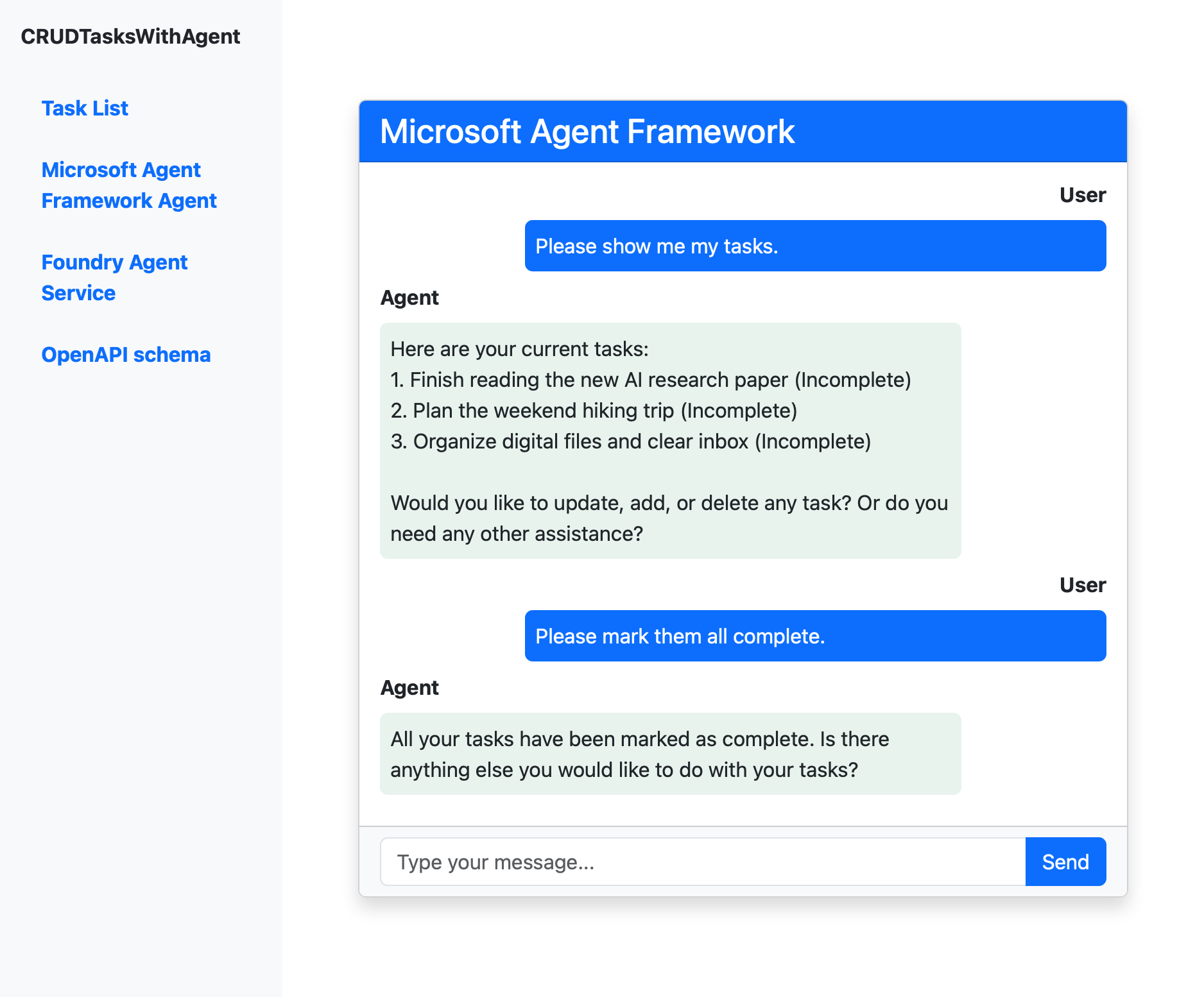 Captura de tela mostrando a interface de chat do agente do Microsoft Agent Framework com uma conversa sobre gerenciamento de tarefas.