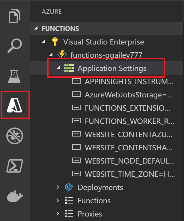  Captura de tela para exibir as configurações do aplicativo de funções em Visual Studio Code.