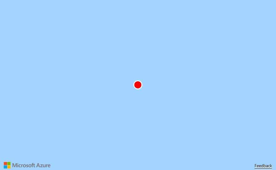 Uma captura de tela de um mapa com as coordenadas 0, 0 que mostra um ponto vermelho sobre a água azul. O ponto vermelho foi adicionado por meio da camada de símbolo.