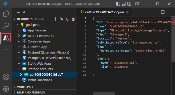 Captura de&nbsp;tela da extensão Azure Resources para Visual Studio Code.