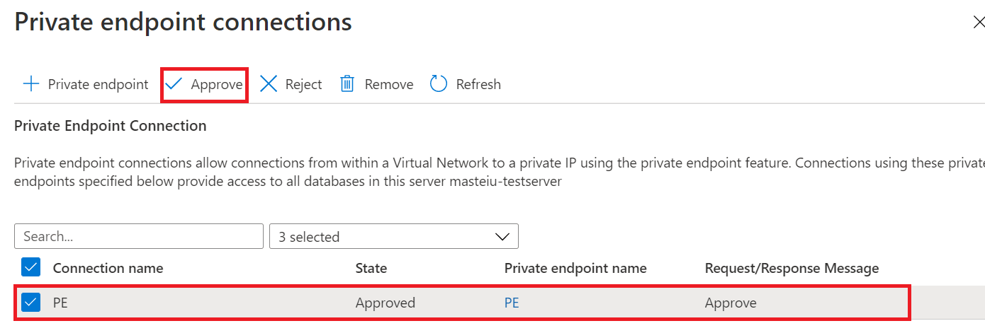 Captura de tela da página de conexões do Ponto de Extremidade Privado do portal do Azure, mostrando onde aprovar um link privado.