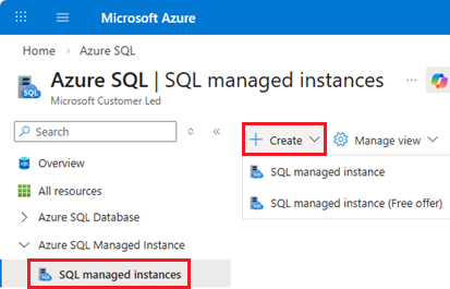 Captura de tela da página de instâncias gerenciadas de SQL da página central SQL do Azure no portal do Azure, mostrando o botão +Criar.