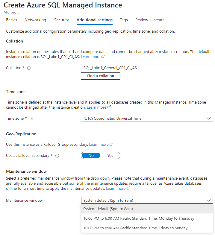 Captura de tela do portal do Azure. No Criar instância gerenciada do Azure SQL, na guia Configurações adicionais, a lista suspensa janela de manutenção está aberta.