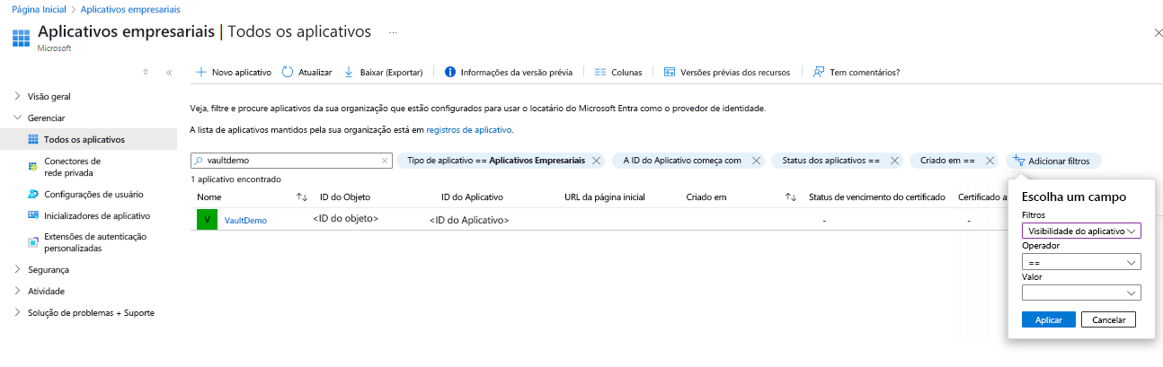 Captura de tela que mostra o processo para copiar a ID do aplicativo do cofre.