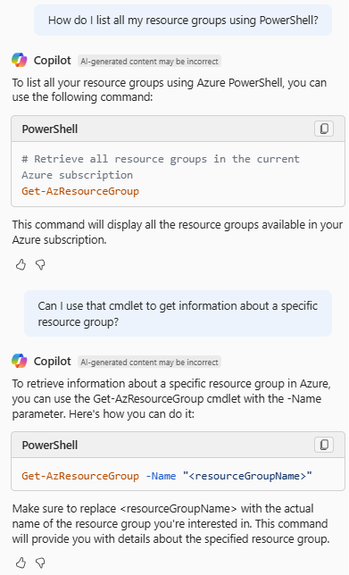 Captura de tela do Azure Copilot fornecendo o cmdlet do PowerShell para listar grupos de recursos.