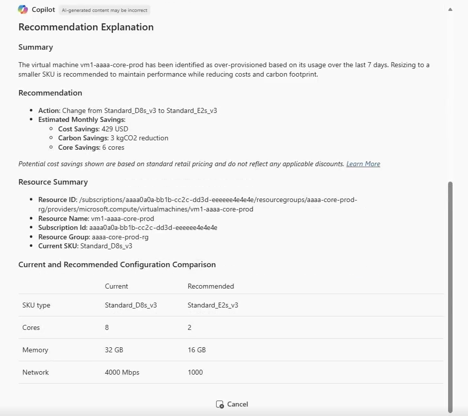 Captura de tela do Azure Copilot fornecendo uma recomendação de otimização.