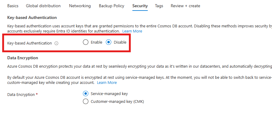 Captura de tela da opção para desabilitar a autenticação baseada em chave ao criar uma nova conta no portal do Azure.