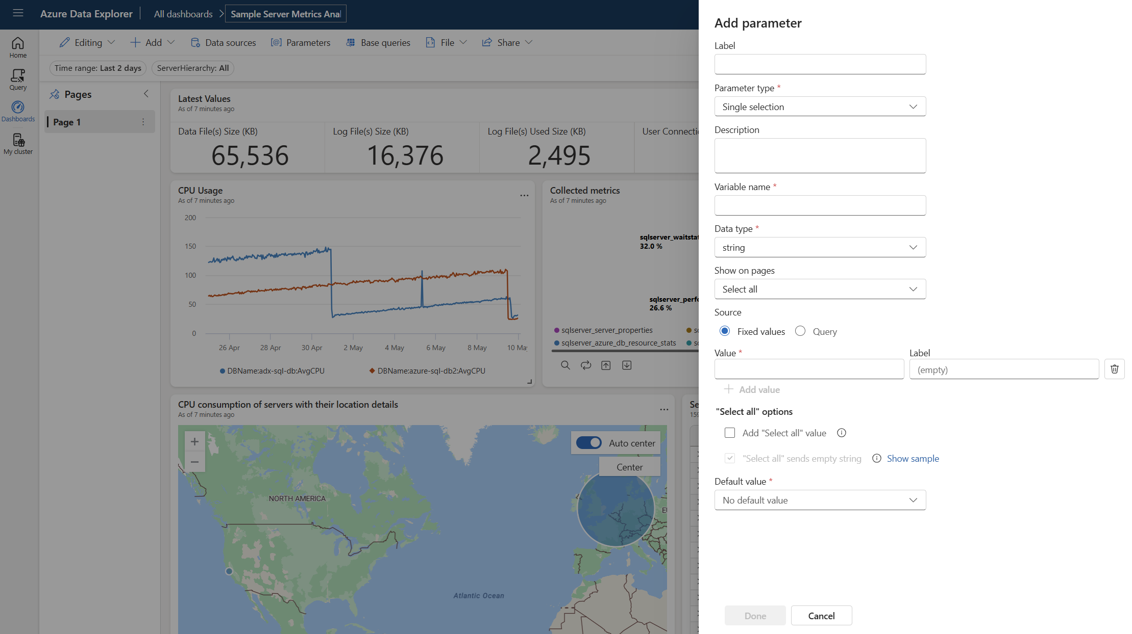 Captura de tela do painel lateral de configuração de adição de parâmetro.