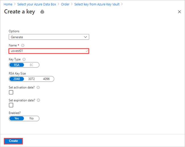 Captura de tela das opções Nova Chave ao criar uma nova chave do Azure Key Vault para fornecer uma chave gerenciada pelo cliente na guia Segurança da ordem de exportação do Data Box.