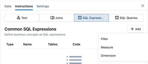 Interface de expressões SQL mostrando medidas, filtros e dimensões