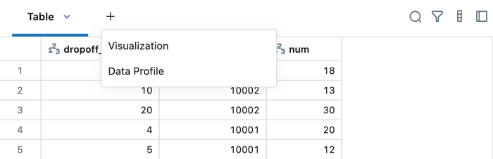 Tabela de resultados do notebook com a opção Visualização mostrada.