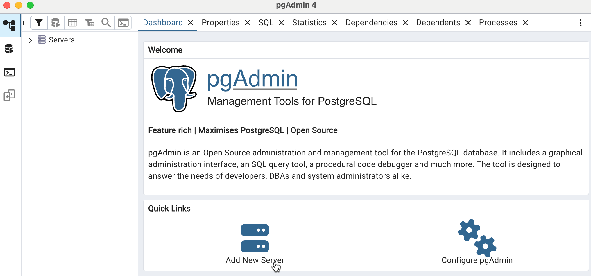 pgadmin adicionar servidor