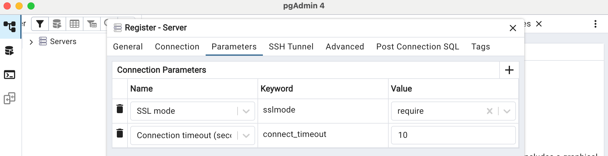 aba de parâmetros do pgAdmin SSL