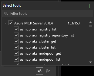 Captura de tela do painel de chat com o botão selecionar ferramentas clicado no Visual Studio 2022.
