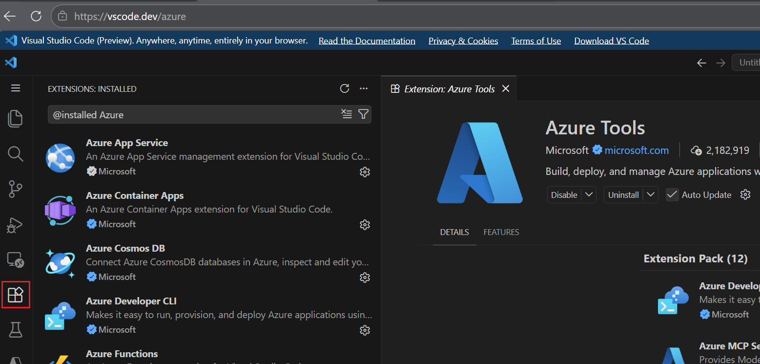 Captura de tela do VS Code para a Web mostrando os detalhes do pacote de extensões das Ferramentas do Azure e a lista de extensões instaladas do Azure.