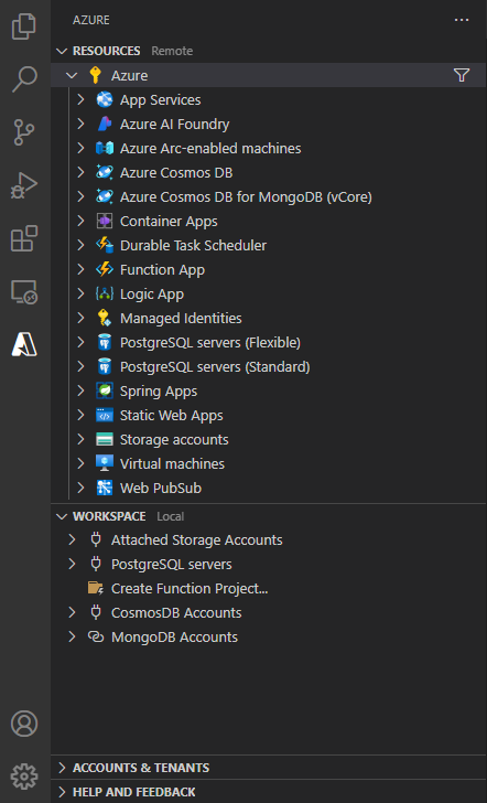 Uma captura de tela mostrando o Visual Studio Code com o pacote de extensão das Ferramentas do Azure instalado.