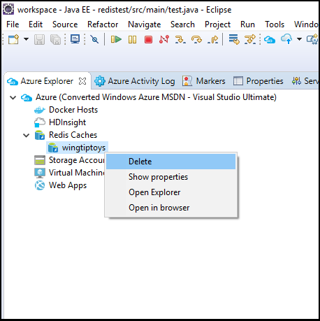 menu de contexto do Azure Explorer para excluir um cache Redis
