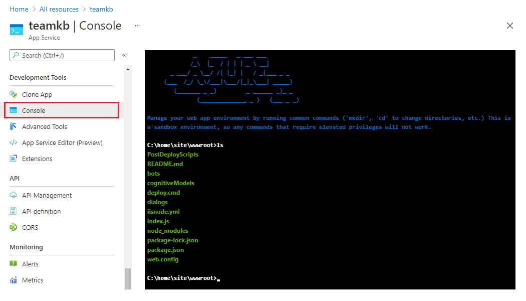 No portal do Azure para seu aplicativo Web ou aplicativo de funções, selecione 'Console' no menu 'Ferramentas de desenvolvimento'.