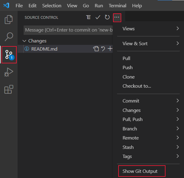 Captura de tela do controle do código-fonte do Visual Studio Code com a seleção Mostrar Saída do Git realçada.