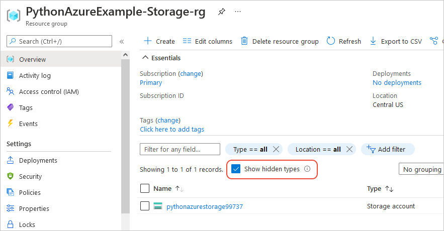 Página do portal do Azure para o novo grupo de recursos, mostrando a conta de armazenamento