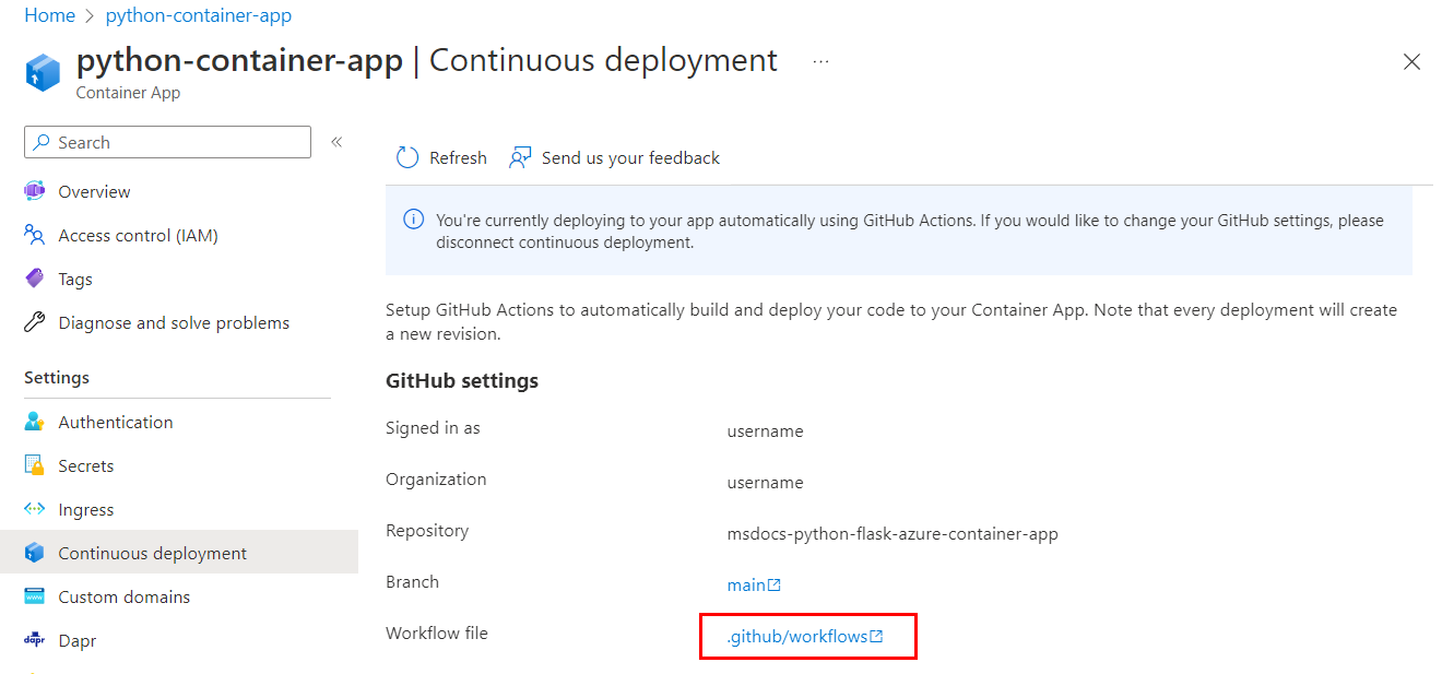 Captura de tela que mostra um aplicativo de contêiner do Azure configurado para implantação contínua com o GitHub Actions.