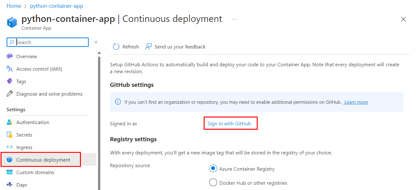 Captura de tela que mostra o recurso de implantação contínua de um aplicativo de contêiner no portal do Azure.