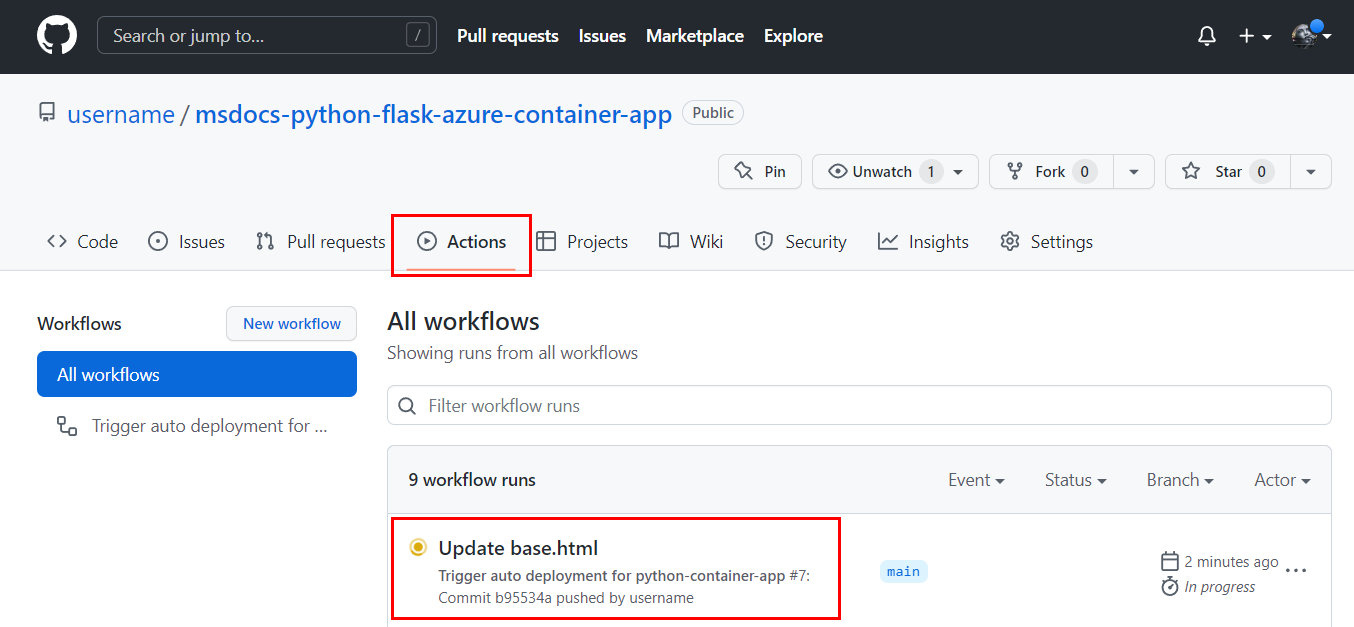 Captura de tela que mostra fluxos de trabalho na guia Ações para um repositório.