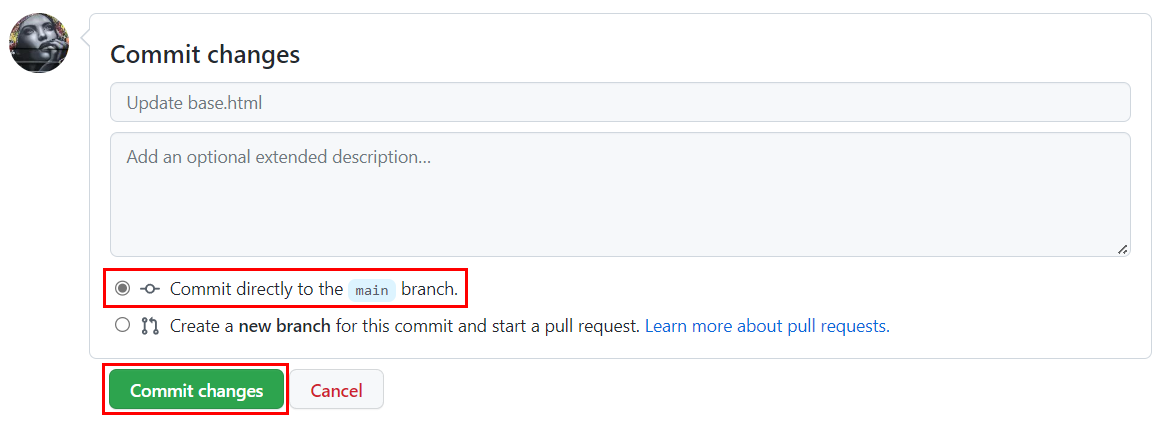 Captura de tela que mostra as seleções para confirmar uma alteração em um arquivo de modelo no fork do repositório de exemplo.