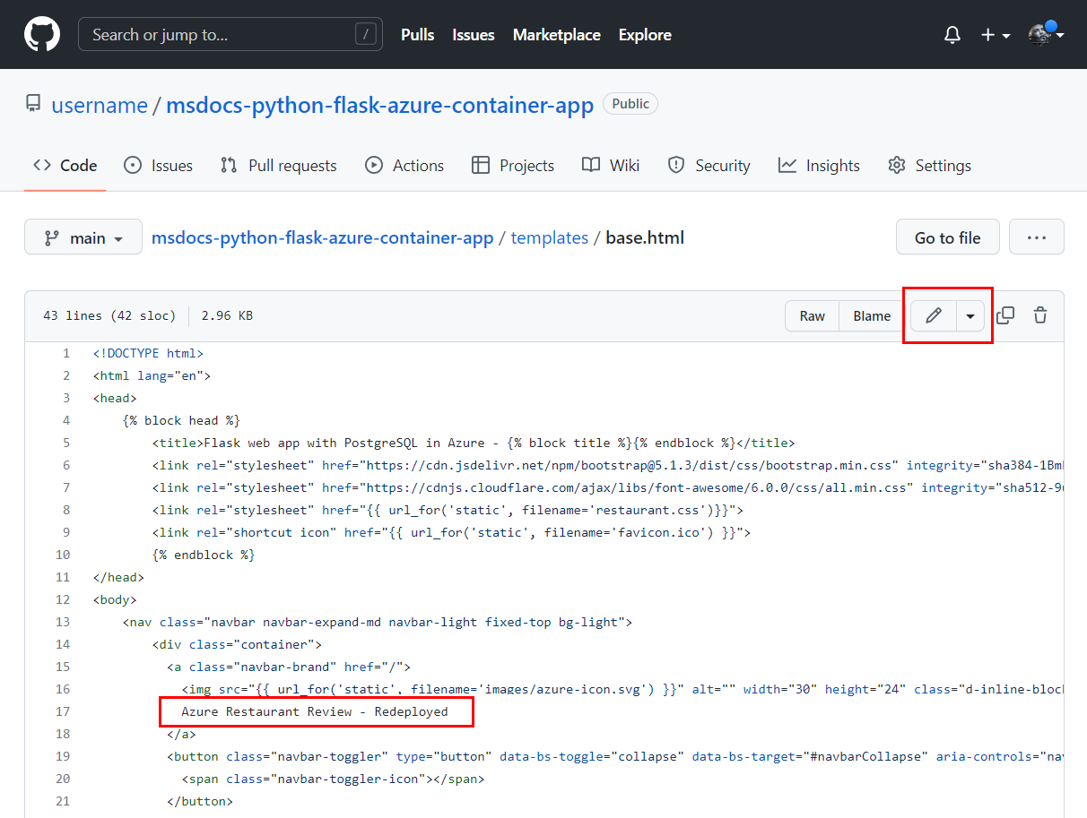 Captura de tela que mostra como fazer uma alteração em um arquivo de modelo na bifurcação do repositório de exemplo.