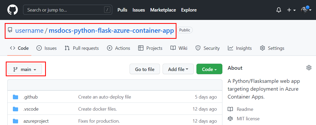 Captura de tela que mostra o branch principal em um fork do repositório de exemplo.