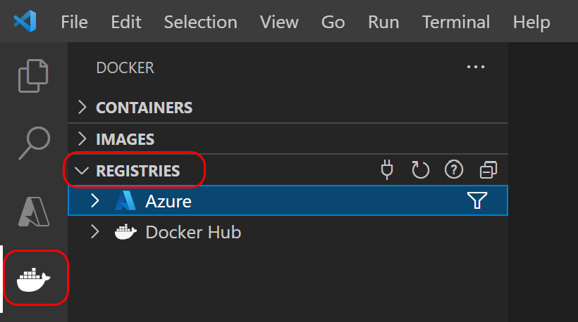 Uma captura de tela mostrando como verificar se o Azure está conectado à Extensão do Docker no Visual Studio Code.