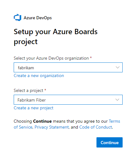 Screenshot mostra a página Configurar seu projeto Azure Boards em que você seleciona uma organização e um project.